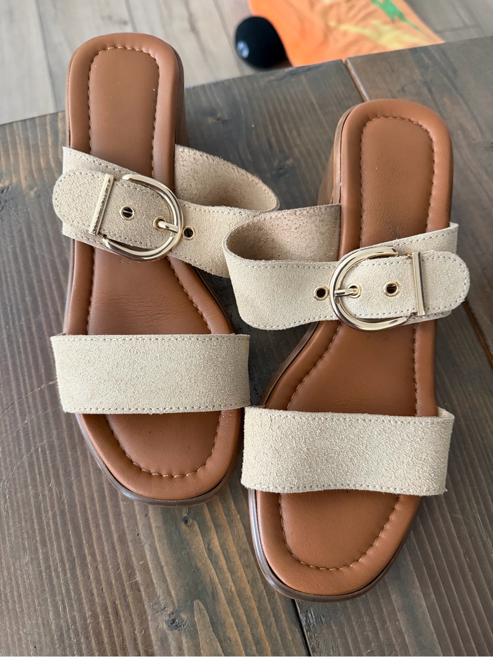 Women's Beige Suede Slide Sandals with Gold Buckle